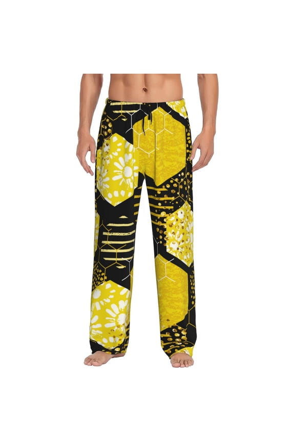 Geometric Pattern with Bee Pajama Pants Men, PJ Bottoms, Sleep & Lounge Pants-Small