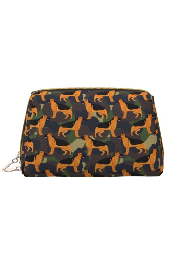 German Shepherd Dog Leather Makeup Bag for Purse Travel, Portable Small Cosmetic Organizer for Women and Girls, Make up Bag with Zipper