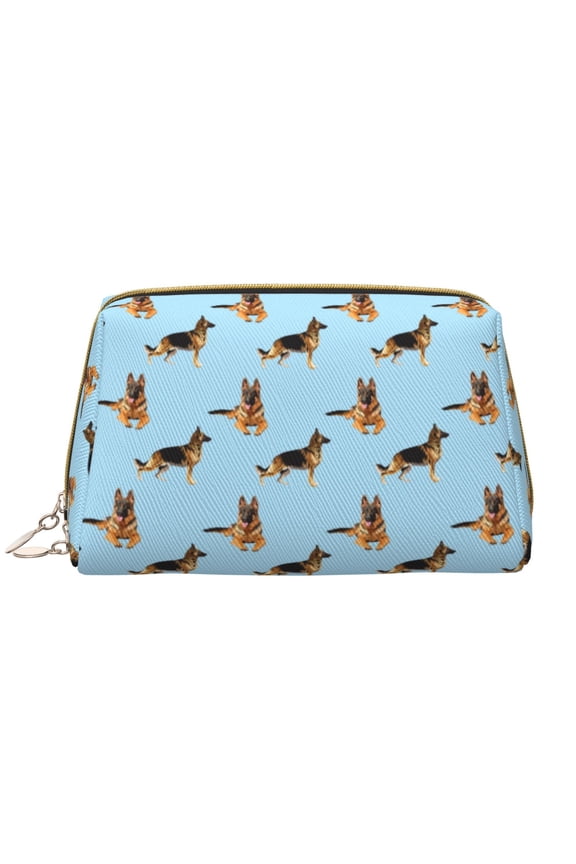 German Shepherd Dog Leather Makeup Bag for Purse Travel, Portable Small Cosmetic Organizer for Women and Girls, Make up Bag with Zipper