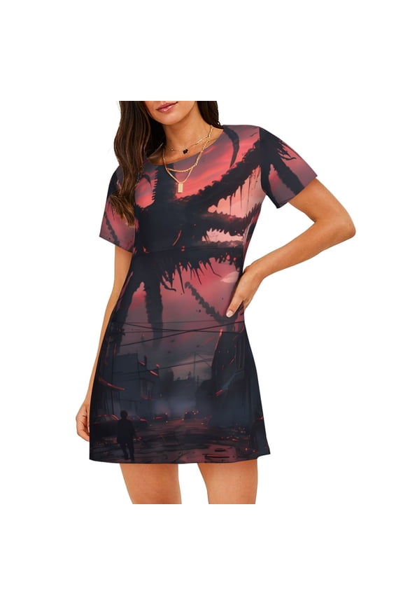 Giant Monster Over City Print Women Nightgowns,Womens Loungewear,Short Sleeve Sleepwear,Comfy Ladies Nightdress