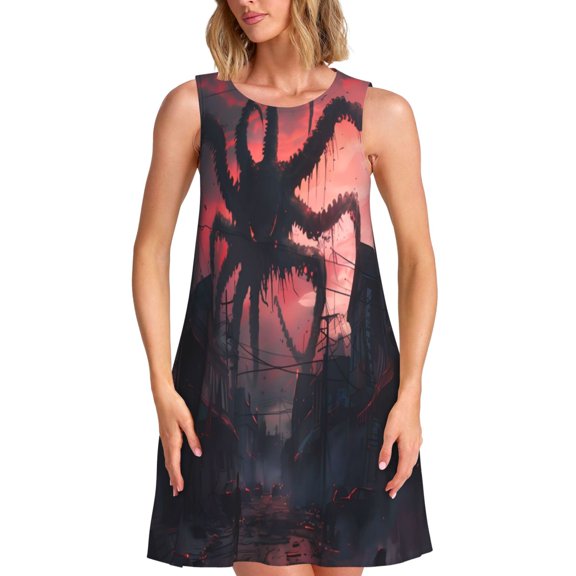 Naloa Giant Monster Over City Print Women's Summer Spring Casual Beach Sundress,Vacation Sleeveless Tank Crewneck Loose Dresses