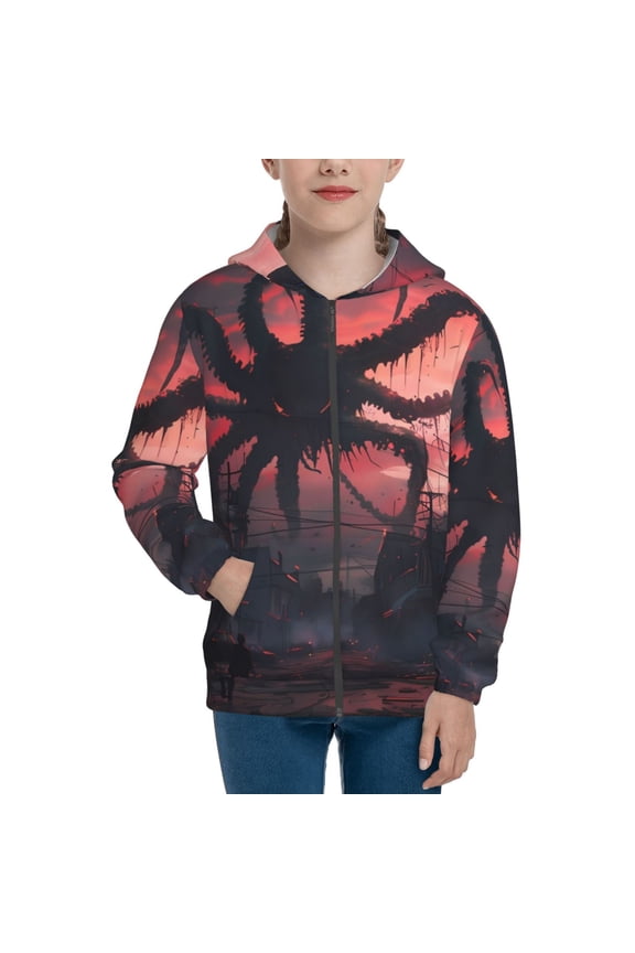 Giant Monster Over City Teenage Zipper Hoodie, Long Sleeve Zip Up Hoodies Casual Jackets Tops for 7-12 Years-Small