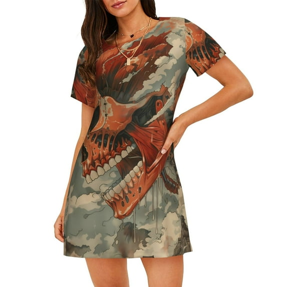 Naloa Gigantic Skull In Clouds Print Women Nightgowns,Womens Loungewear,Short Sleeve Sleepwear,Comfy Ladies Nightdress