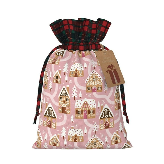 Naloa Gingerbread Houses Pink Wonderland Christmas Gift Bags Christmas Drawstring Gift Bags Christmas Trees Decorations Indoor Holiday Party Christmas Treat Bags-Black