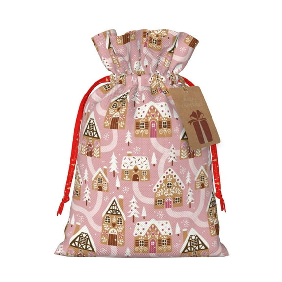 Naloa Gingerbread Houses Pink Wonderland Drawstring Christmas Bags, 3D Xmas Gift Bags, Christmas Wrapping Bags, Xmas Goodie Bags, Treat Pouch Bags, Party Favor Bags-Medium