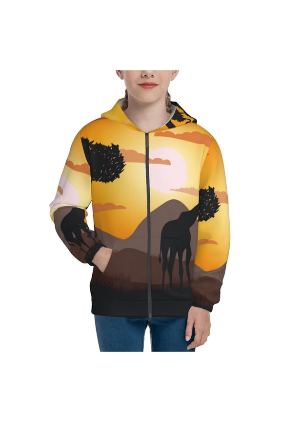 Giraffes Of The African Savannah Teenage Zipper Hoodie, Long Sleeve Zip Up Hoodies Casual Jackets Tops for 7-12 Years-Small