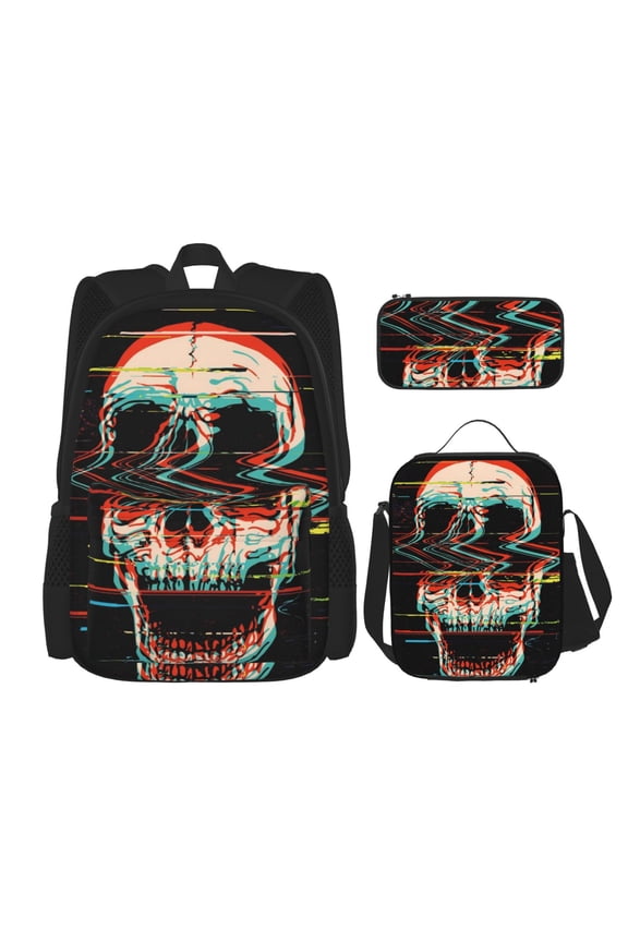 Glitch Screaming Skull Print Large Capacity Backpack Lunch Bag Pencil Case Combination 3 Piece Set for Student
