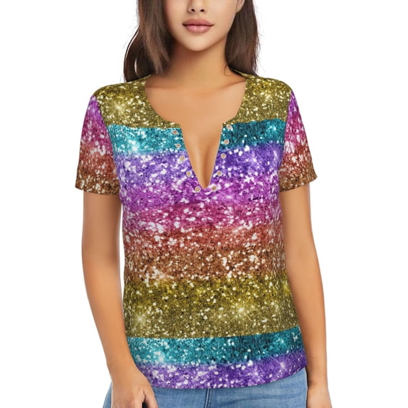 Naloa Glitter Rainbow Print T-Shirts Short Sleeve V Neck Tees for Women Fashion Tops Trendy Lightweight Soft Casual Summer Outfits Clothes