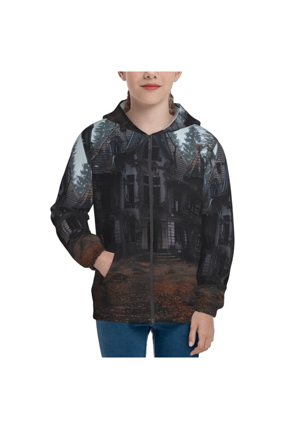 Gloomy Mansion Forest Scene Teenage Zipper Hoodie, Long Sleeve Zip Up Hoodies Casual Jackets Tops for 7-12 Years-Small