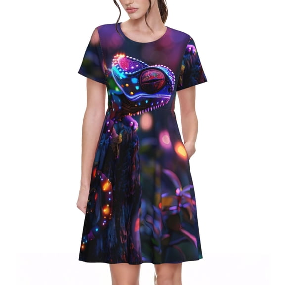Naloa Glowing Chameleon Fantasy Art Print Womens Summer A-Line Dress with Pockets,Short Sleeve Dresses,Flowy Beach Swing Dress for Vacation Travel