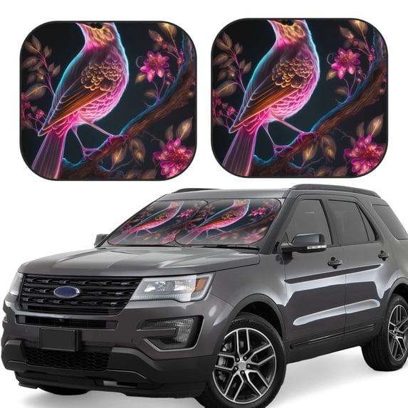 Naloa Glowing Leaf Bird Print 2-Piece Windshield Sunshade,Foldable Car Front Window Sun Shades,for Most Sedans SUV Truck-Large