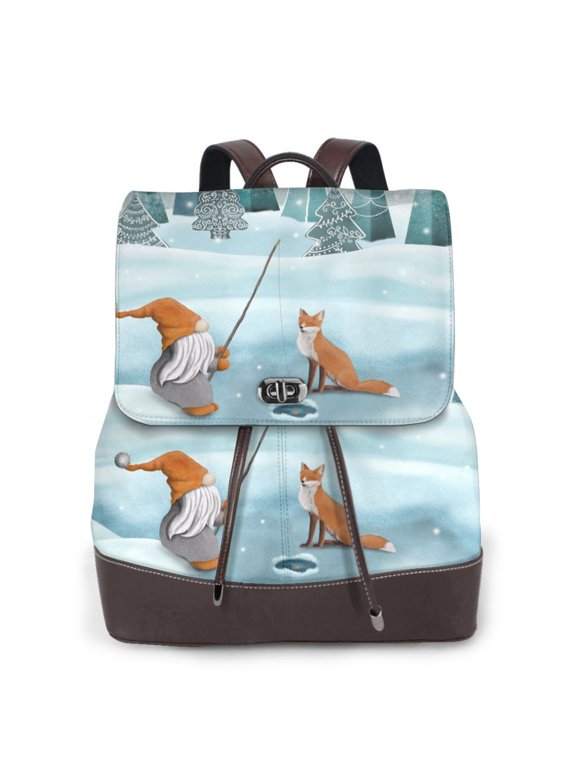 Gnome And Red Fox Fishing Print Women's Leather Backpack,Travel Laptop Backpack,Fashion Ladies Leather Backpack Bag for Travel,Leather Drawstring Daypack for Me