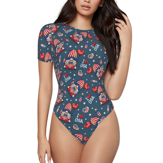 Naloa Gnome Love USA Women's Short-Sleeved Onesie, One-Piece Swimsuit for Parties, dates, clubs - Small