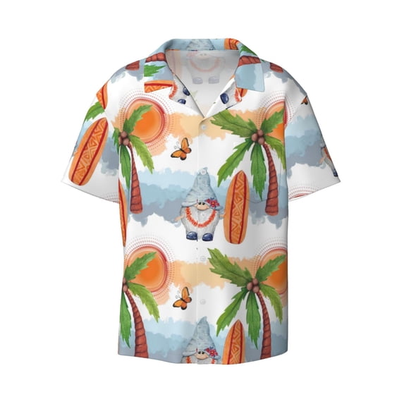Naloa Gnome and Surfing Men's Loose Fit Cuban Collar Short-Sleeve Shirt with Button-down and Chest Pocket for Everyday Wear Outings - Medium