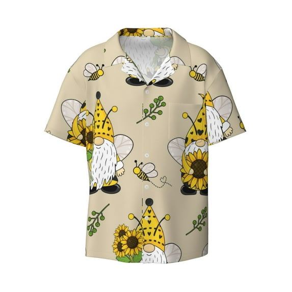 Naloa Gnomes Bees And Sunflowers Men's Loose Fit Cuban Collar Short-Sleeve Shirt with Button-down and Chest Pocket for Everyday Wear Outings - Medium