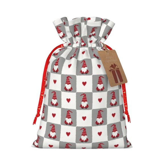 Naloa Gnomes and Hearts Drawstring Christmas Bags, 3D Xmas Gift Bags, Christmas Wrapping Bags, Xmas Goodie Bags, Treat Pouch Bags, Party Favor Bags-Medium