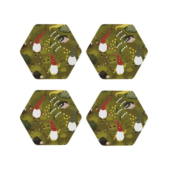Naloa Gnomes Playing in the Garden Leather Coasters for Drinks, Durable Drink Coasters 4 Set for Tabletop Protection, Luxurious Home Décor and Housewarming Gift ( {designName})Hexagon