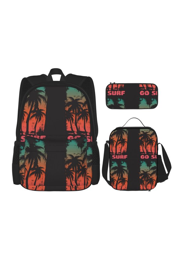 Go Surfer Print Large Capacity Backpack Lunch Bag Pencil Case Combination 3 Piece Set for Student