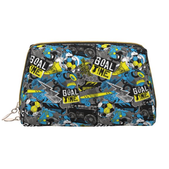 Naloa Goal Time Leather Makeup Bag for Purse Travel, Portable Small Cosmetic Organizer for Women and Girls, Make up Bag with Zipper