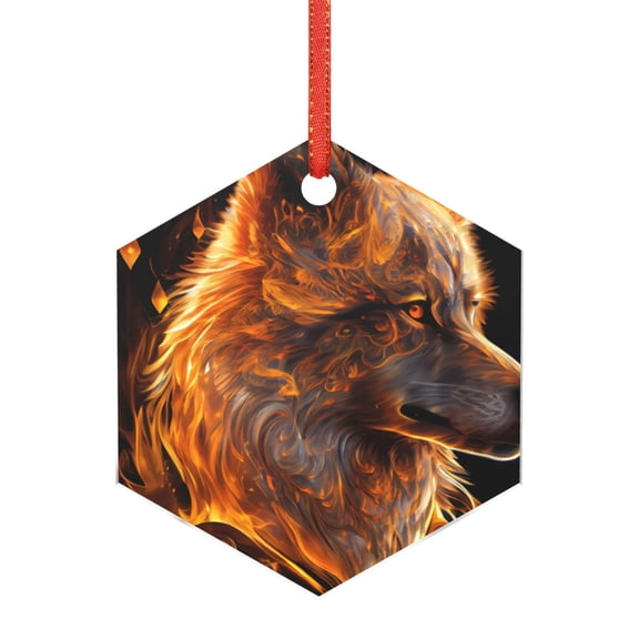 Naloa Gold Flame Pattern Wolf Acrylic Santa Tree Decorations Christmas Hanging Pendant for Christmas Winter New Year Party Hanging Decorations-Hexagon