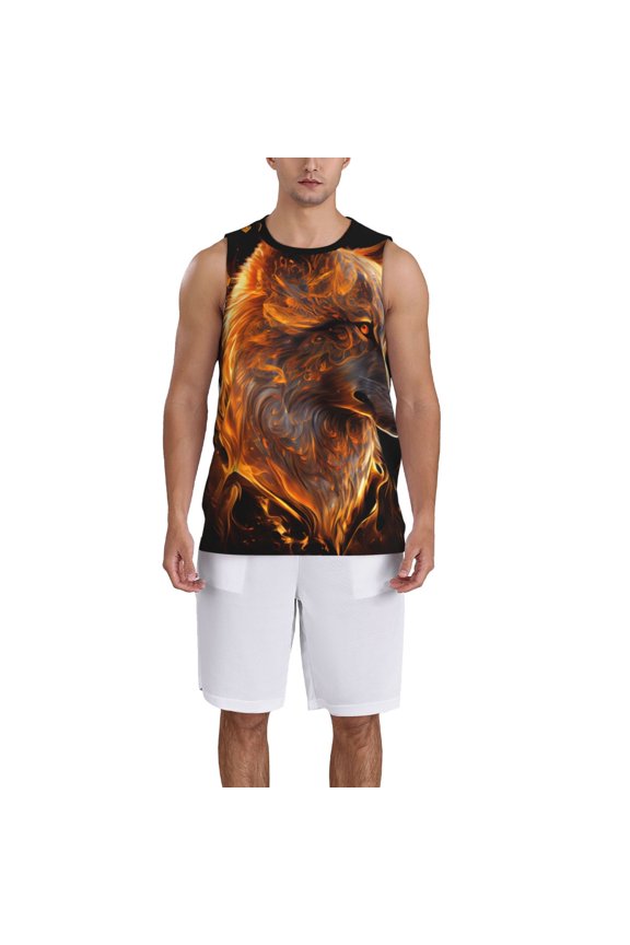 Gold Flame Pattern Wolf Basketball Jersey Reversible Men's Mesh Athletic Sports Shirts Training Practice S-4XLMedium