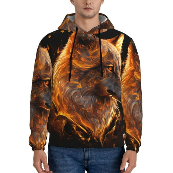 Naloa Gold Flame Pattern Wolf Men's Casual Hooded Collar Drawstring Hoodies Pullover Sweatshirts Casual Long Sleeve Shirts-4X-Large