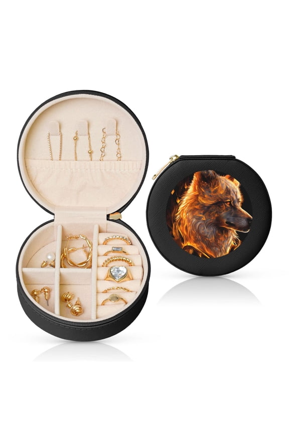 Gold Flame Pattern Wolf Round Jewelry Box, Travel Jewelry Organizer, 3.9 x 3.9 x 2in Jewelry Storage Box for Women-Black