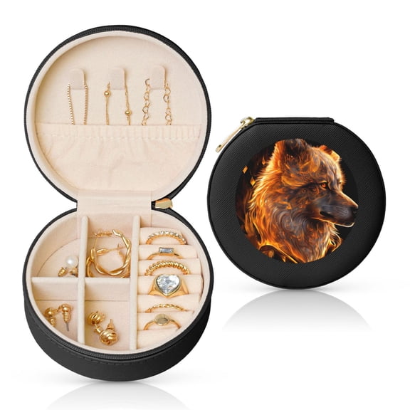 Naloa Gold Flame Pattern Wolf Round Jewelry Box, Travel Jewelry Organizer, 3.9 x 3.9 x 2in Jewelry Storage Box for Women-Black