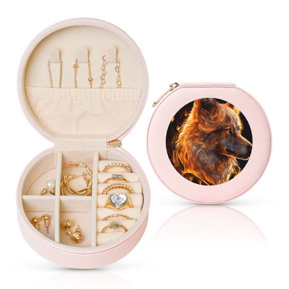 Naloa Gold Flame Pattern Wolf Round Jewelry Box, Travel Jewelry Organizer, 3.9 x 3.9 x 2in Jewelry Storage Box for Women-Pink