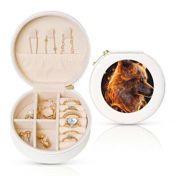 Naloa Gold Flame Pattern Wolf Round Jewelry Box, Travel Jewelry Organizer, 3.9 x 3.9 x 2in Jewelry Storage Box for Women-White