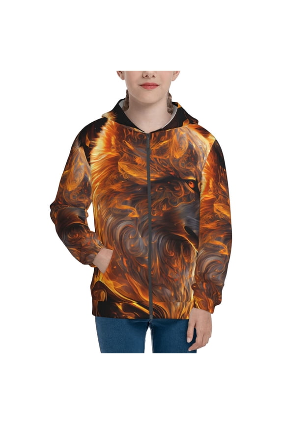 Gold Flame Pattern Wolf Teenage Zipper Hoodie, Long Sleeve Zip Up Hoodies Casual Jackets Tops for 7-12 Years-Small