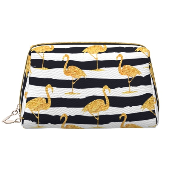Naloa Gold Flamingo Leather Makeup Bag for Purse Travel, Portable Small Cosmetic Organizer for Women and Girls, Make up Bag with Zipper