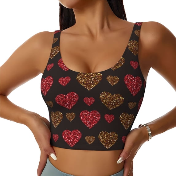 Naloa Gold Glitter Heart Sports Bras for Women, High Support Bra with Removable Pads, Comfortable - Small