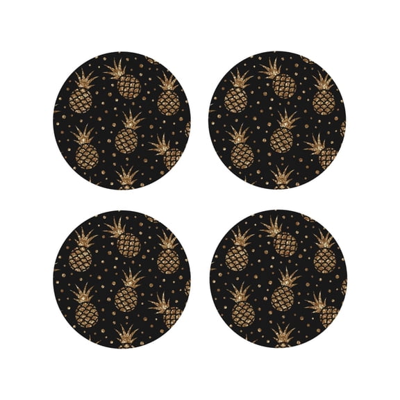 Naloa Gold Glitter Pineapples Leather Coasters for Drinks, Durable Drink Coasters 4 Set for Tabletop Protection, Luxurious Home Décor and Housewarming Gift ( {designName})Round Shape