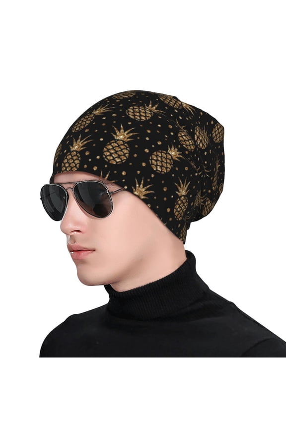 Gold Glitter Pineapples Soft Beanie Hat, Knit Beanie Daily Beanie in Fine Knit for Women Men Winter Travel, Outdoor