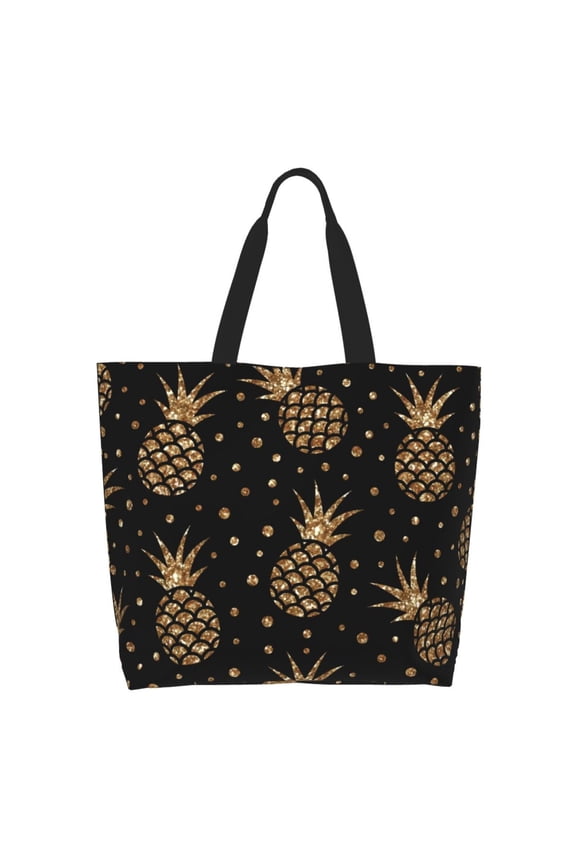 Gold Glitter Pineapples Tote Bag for Women Large Capacity Shoulder Bag for College Work Travel Shopping