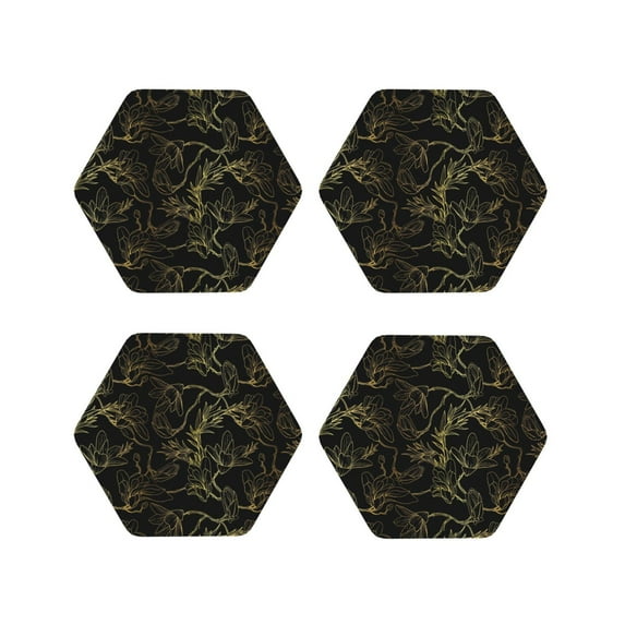 Naloa Gold Gloss Outline Floral Leather Coasters for Drinks, Durable Drink Coasters 4 Set for Tabletop Protection, Luxurious Home Décor and Housewarming Gift ( {designName})Hexagon