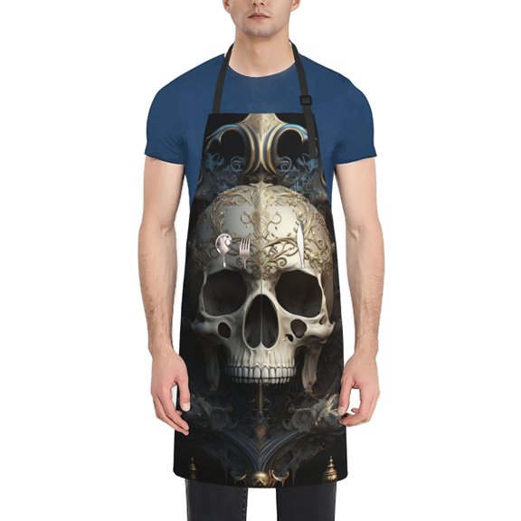 Naloa Gold Pattern Skull Apron Kitchen Aprons with Pockets for Women Men Chef