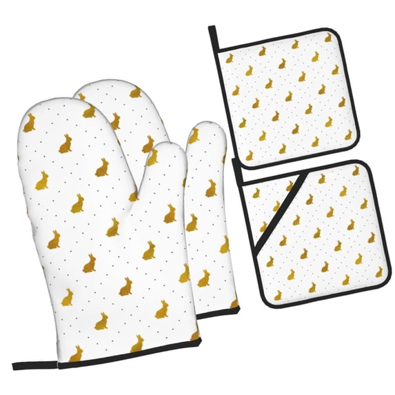 Naloa Gold Rabbit Oven Mitts and Pot Holders 4 pcs Set, Cooking Baking Grilling Kitchen Oven Glove for Cooking