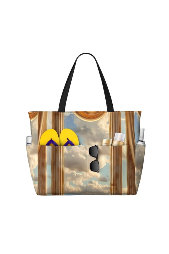 Golden Drapes Pillars Clouds Large Capacity Beach Bag, Waterproof Sandproof Beach Swim Pool Bag Tote Bag for Women
