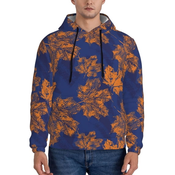 Naloa Golden Maple on Navy Blue Men's Casual Hooded Collar Drawstring Hoodies Pullover Sweatshirts Casual Long Sleeve Shirts-X-Large