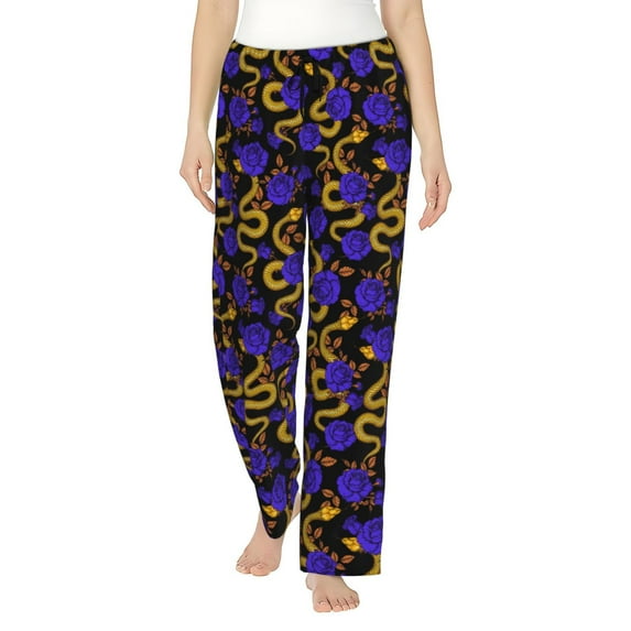 Naloa Golden Snake And Purple Rose Print Women’s Ultra-Soft Comfy Pajama Lounge Pants with Pockets & Drawstring