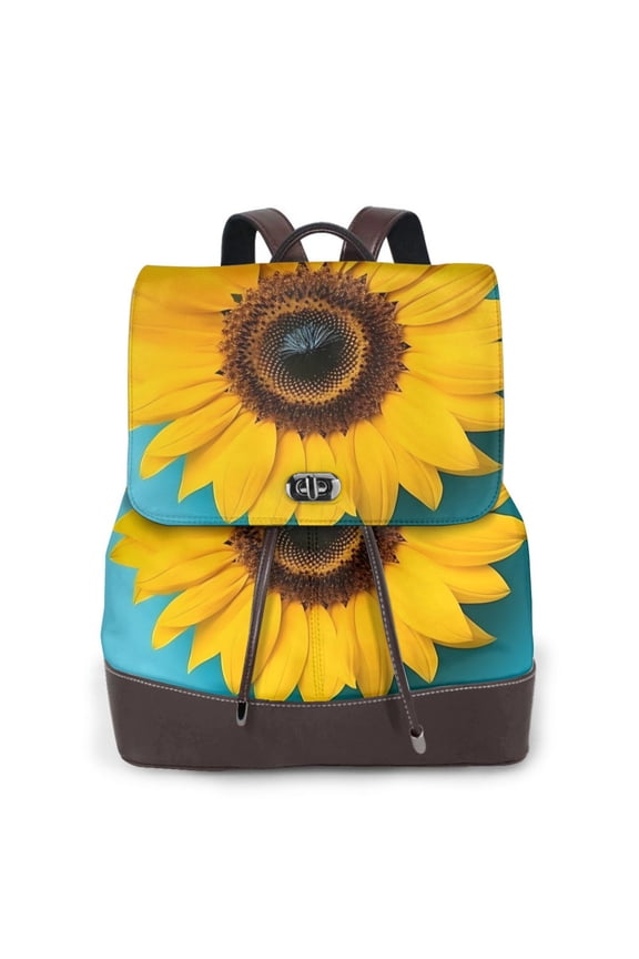 Golden Sunflower in Blue Print Women's Leather Backpack,Travel Laptop Backpack,Fashion Ladies Leather Backpack Bag for Travel,Leather Drawstring Daypack for Me