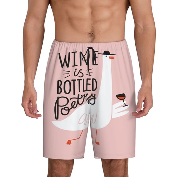 Naloa Goose Holding Wineglass with Red Wine Men's Short Pajama Pants, Lounge Comfort Shorts with Elasticized Waistband and Side Pockets - X-Large