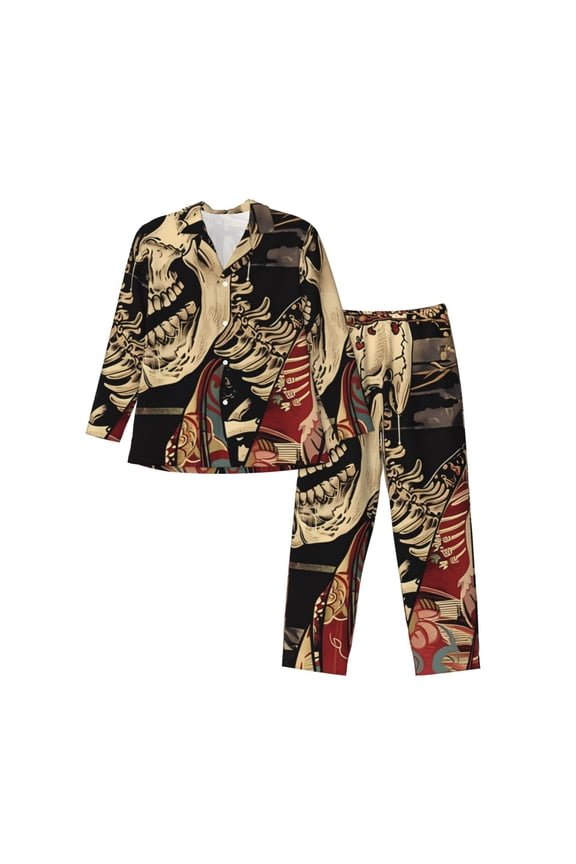 Gothic Eastern Floral Skull Men’s Pajamas Set - Long Sleeve Button Down Sleep Shirt and Pajama Bottoms Sleepwear Set-Medium