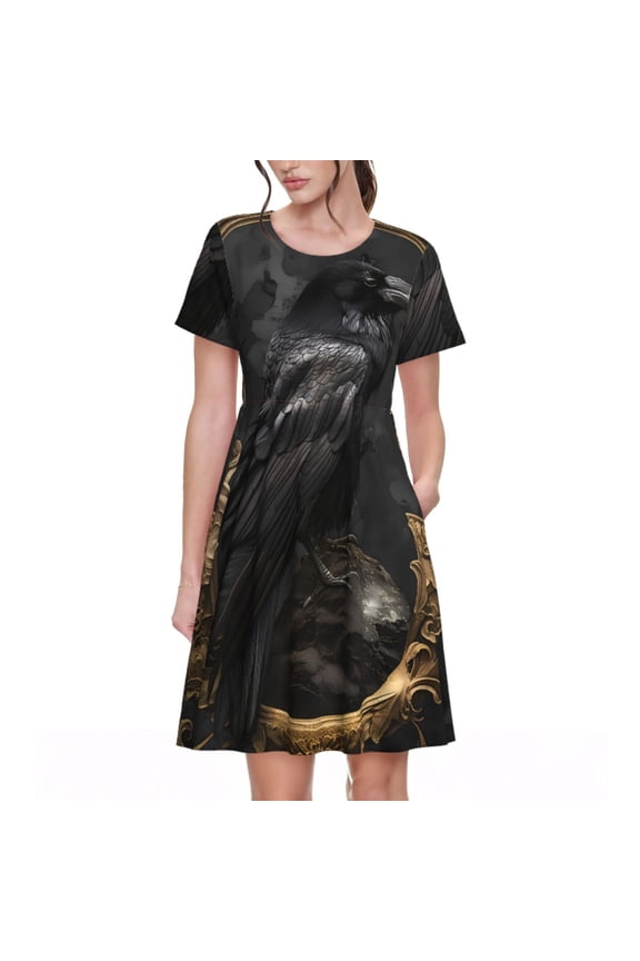 Gothic Raven Portrait Print Womens Summer A-Line Dress with Pockets,Short Sleeve Dresses,Flowy Beach Swing Dress for Vacation Travel