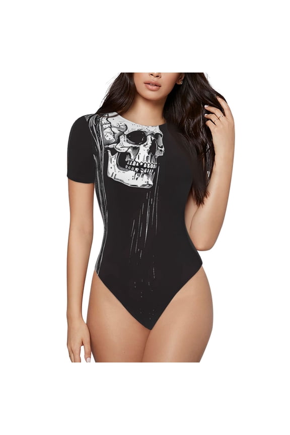 Gothic Skull Drape Bodysuits for Women, Women's Short-Sleeved Onesie, One-Piece for Parties, dates, clubs-Large