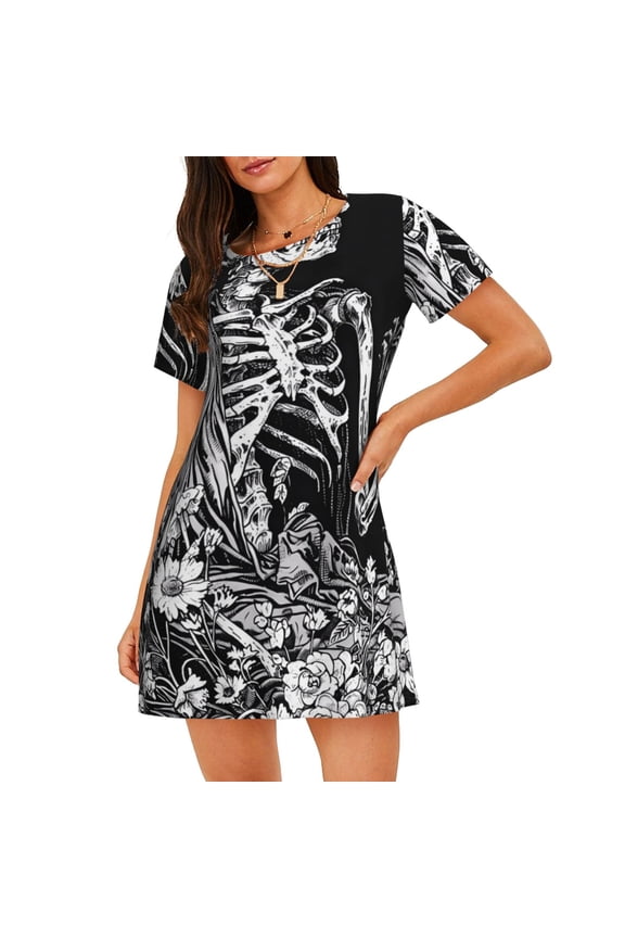 Gothic Skull Floral Art Print Women Nightgowns,Womens Loungewear,Short Sleeve Sleepwear,Comfy Ladies Nightdress
