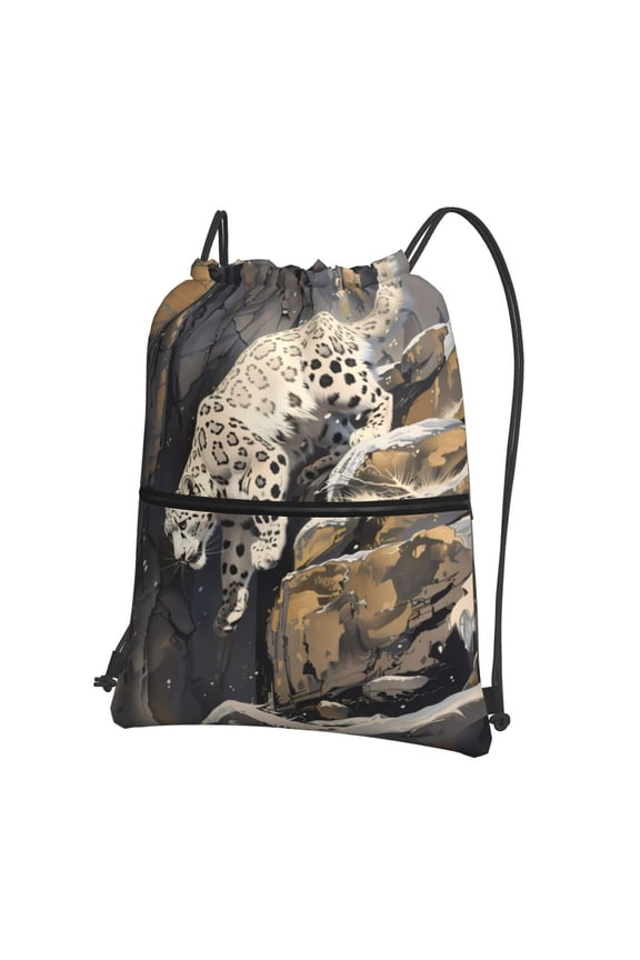 Graceful Snow Leopard Drawstring Backpack String Bag Cinch Water Resistant for Gym Shopping Sport Yoga