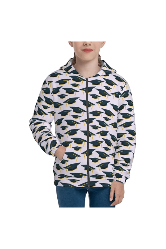 Graduation Hats Teenage Zipper Hoodie, Long Sleeve Zip Up Hoodies Casual Jackets Tops for 7-12 Years-Small